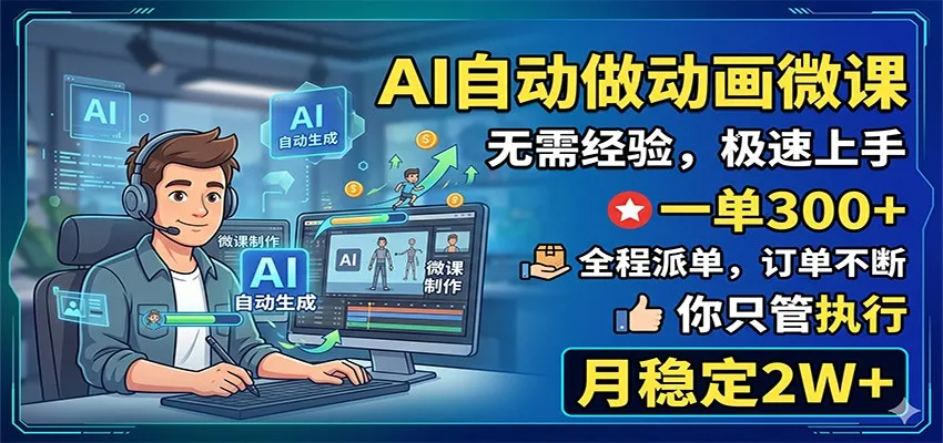 AI自动做动画微课,一单300+,全程派单,你只管执行,月稳定2W+_一起云网创
