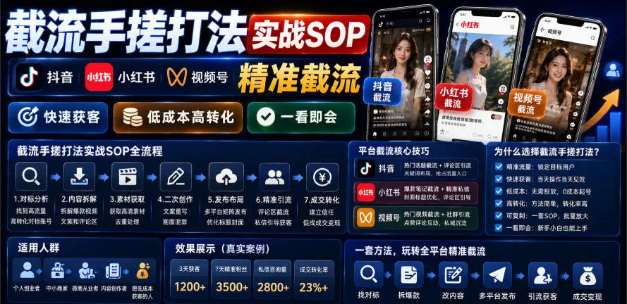 截流手搓打法实战SOP,抖音小红书视频号精准截流,快速获客,低成本高转化,一看即会_一起云网创