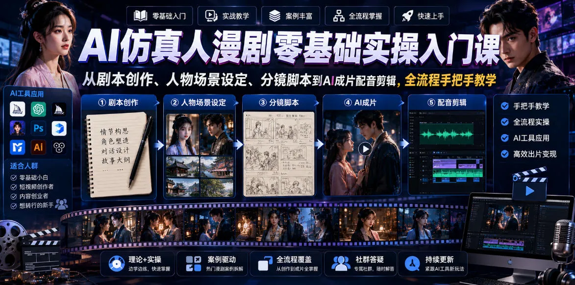 AI仿真人漫剧零基础实操入门课，从剧本创作、人物场景设定、分镜脚本到AI成片配音剪辑，全流程手把手教学_一起云网创