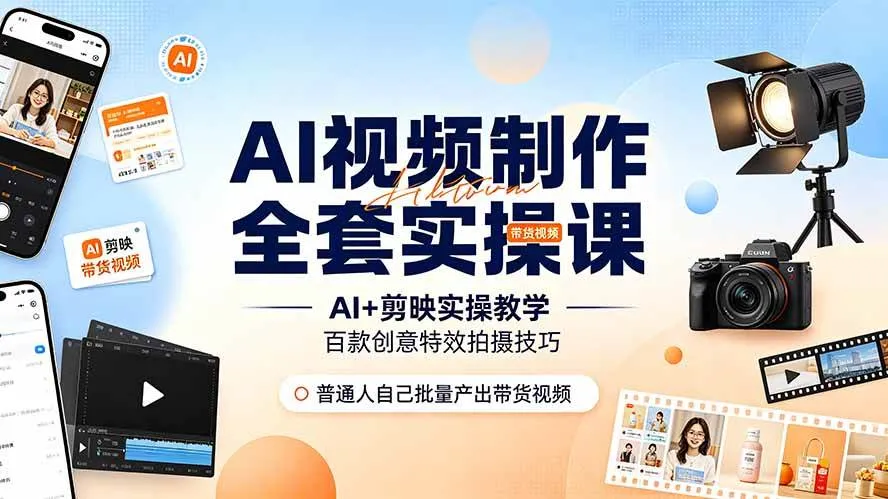 （19200期）AI视频制作全套实操课，多款AI工具搭配剪映教学，百种特效运镜拍摄实操，抖音账号带货运营全覆盖_一起云网创