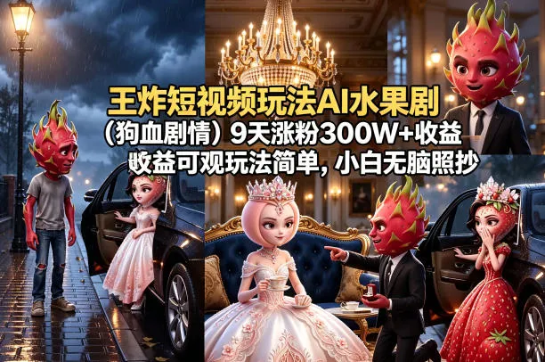 王炸短视频玩法AI水果剧（狗血剧情）9天涨粉300W+收益可观玩法简单，小白无脑照抄，详细拆解玩法_就是爱分享