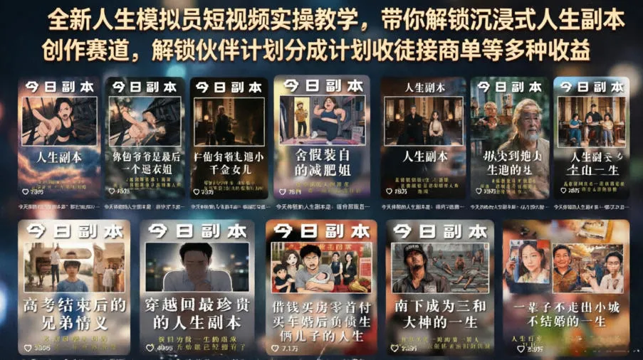 全新人生模拟员短视频实操教学，带你解锁沉浸式人生副本创作赛道，解锁伙伴计划分成计划收徒接商单等多种收益_一起云网创