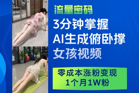 3分钟掌握AI生成俯卧撑女孩视频，零成本涨粉变现，1个月1W粉_就是爱分享