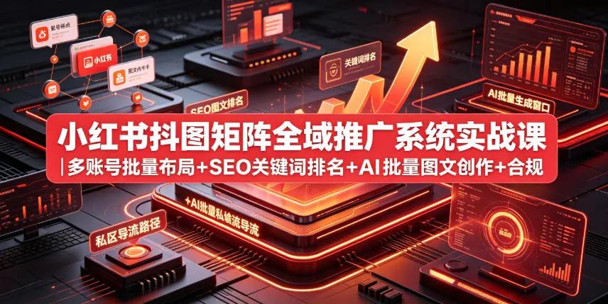 小红书抖图矩阵全域推广系统实战课|多账号批量布局+SEO关键词排名+AI批量图文创作+合规私域导流完整落地教程_一起云网创