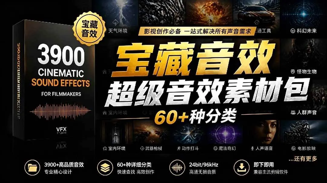 (18660期)宝藏音效合集包!60+多种音效分类,共计3900个,分类清晰,全中文分类,高品质剪辑音效素材包_一起云网创