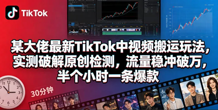某大佬最新TikTok中视频搬运玩法，实测破解原创检测，流量稳冲破万，半个小时一条爆款_一起云网创