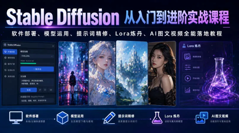 Stable Diffusion从入门到进阶实战课程|软件部署、模型运用、提示词精修、Lora炼丹、AI图文视频全能落地教程_一起云网创