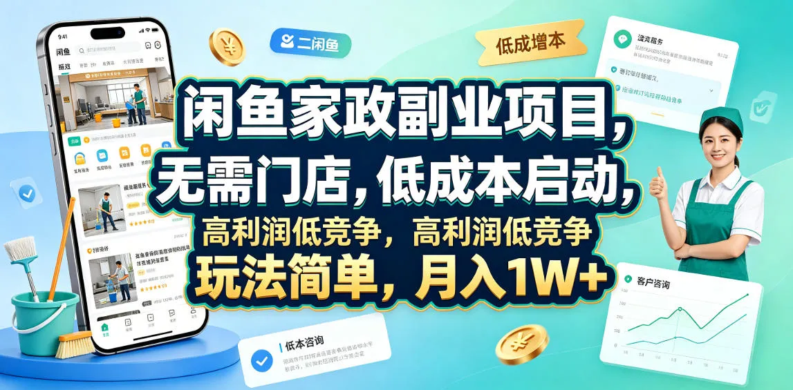 闲鱼家政副业项目，无需门店，低成本启动，高利润低竞争，玩法简单，月入1W+_一起云网创