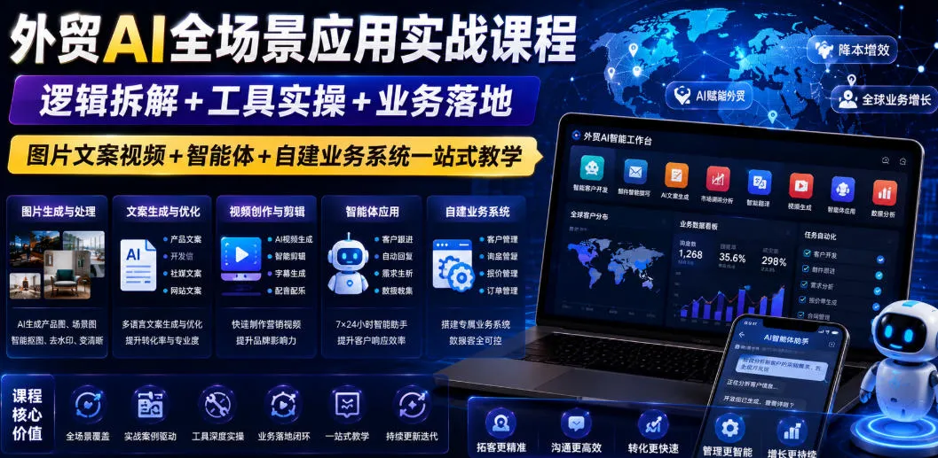 外贸AI全场景应用实战课程｜逻辑拆解+工具实操+业务落地，图片文案视频+智能体+自建业务系统一站式教学_一起云网创