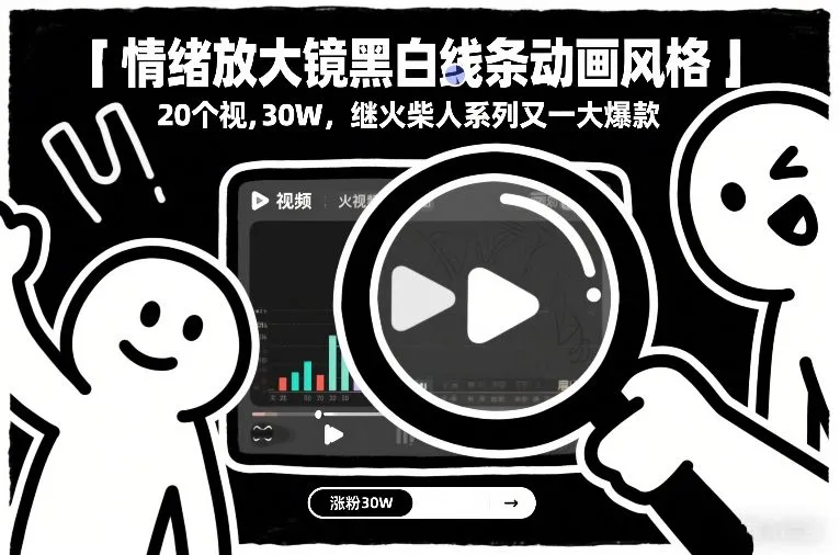 情绪放大镜黑白线条动画风格，20个视频，涨粉30W，继火柴人系列又一大爆款_就是爱分享