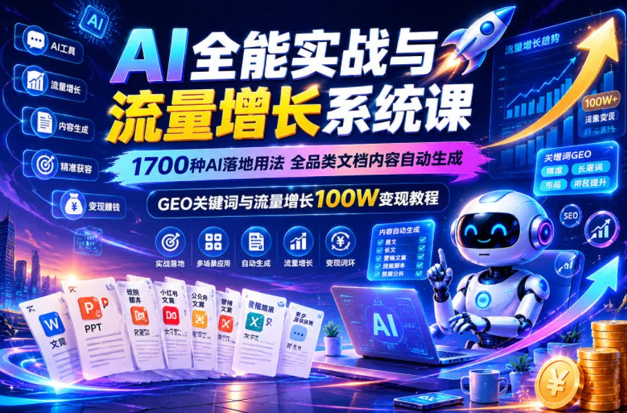 AI全能实战与流量增长系统课，1700种AI落地用法，全品类文档内容自动生成，GEO关键词与流量增长100W变现教程_一起云网创