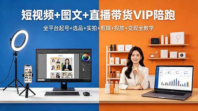 （18319期）短视频+图文+直播带货VIP陪跑，全平台起号+选品+实拍+剪辑+投放+变现全教学_就是爱分享