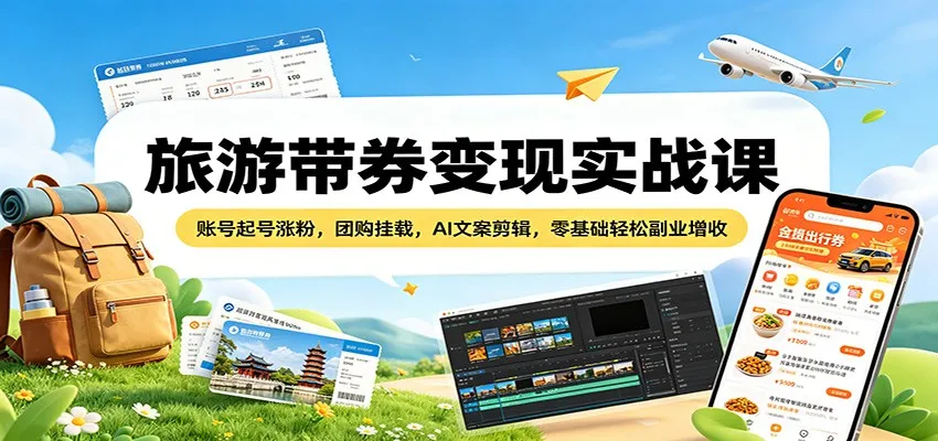 旅游带券变现实战课：账号起号涨粉，团购挂载，AI文案剪辑，零基础轻松副业增收_就是爱分享