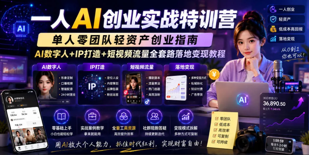 一人AI创业实战特训营，单人零团队轻资产创业指南，AI数字人+IP打造+短视频流量全套路落地变现教程_一起云网创
