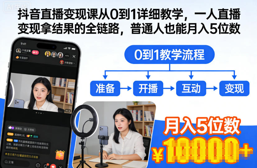 抖音直播变现课从0到1详细教学，一人直播变现拿结果的全链路，普通人也能月入5位数_就是爱分享