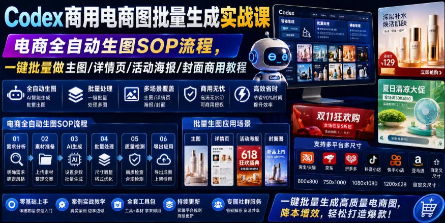 Codex商用电商图批量生成实战课|电商全自动生图SOP流程,一键批量做主图/详情页/活动海报/封面商用教程_一起云网创