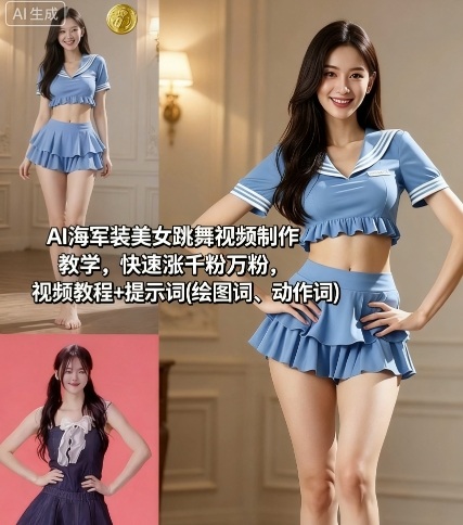 AI海军装美女跳舞视频制作教学,快速涨千粉万粉,视频教程+提示词(绘图词、动作词)_就是爱分享