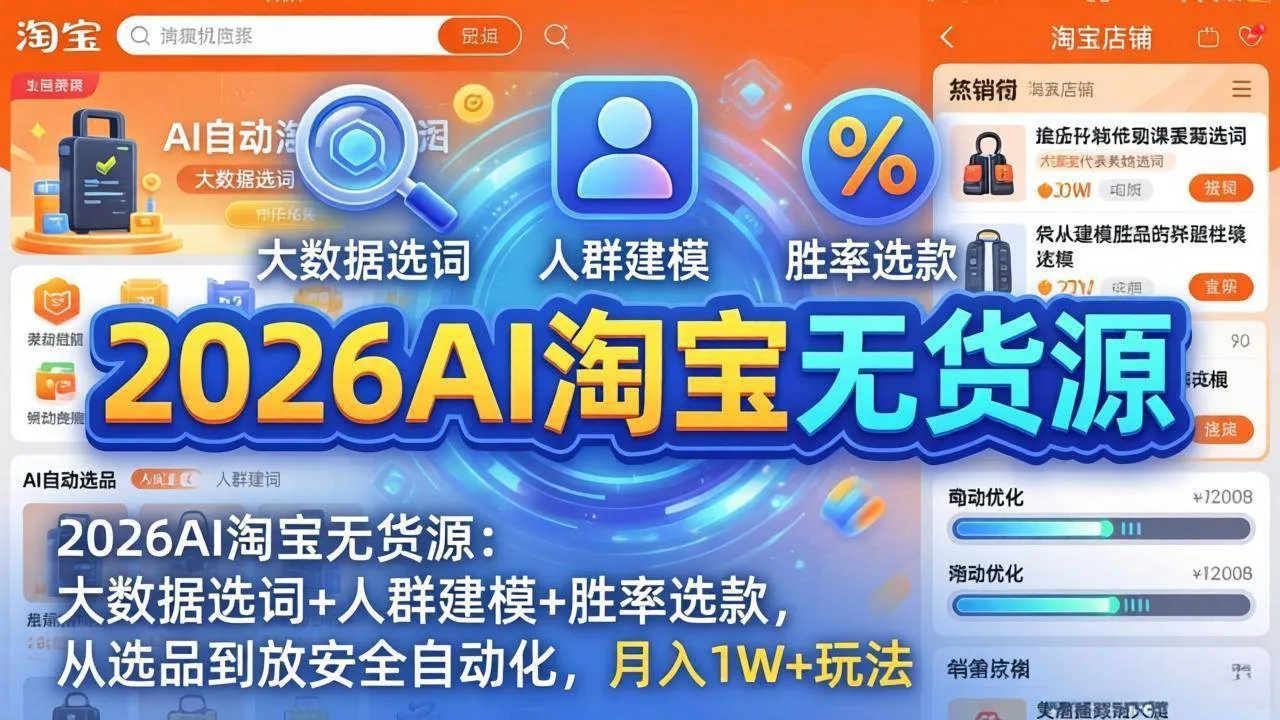 （17812期）2026AI淘宝无货源：大数据选词+人群建模+胜率选款，从选品到放大全自动化，月入1W+玩法_就是爱分享