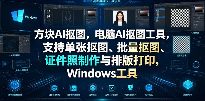 方块AI抠图,电脑AI抠图工具,支持单张抠图、批量抠图、证件照制作与排版打印,Windows工具_一起云网创