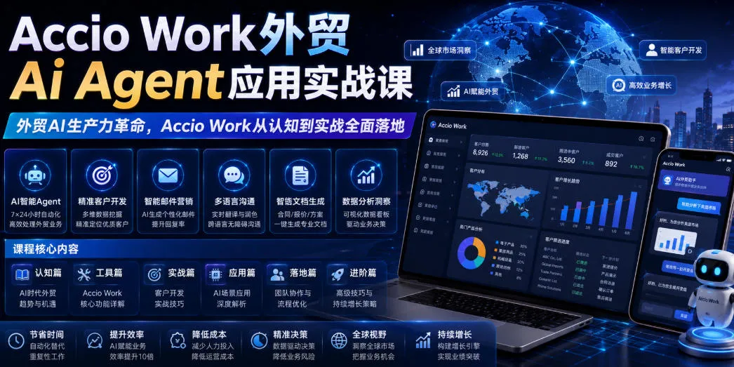Accio Work外贸Ai Agent应用实战课，外贸AI生产力革命，Accio Work从认知到实战全面落地_一起云网创