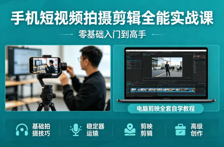 手机短视频拍摄剪辑全能实战课：零基础入门到高手，稳定器运镜+电脑剪映全套自学教程_就是爱分享