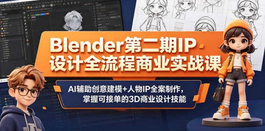 Blender第二期IP设计全流程商业实战课,AI辅助创意建模+人物IP全案制作,掌握可接单的3D商业设计技能_一起云网创