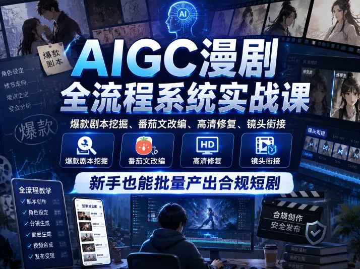 AIGC漫剧全流程系统实战课,爆款剧本挖掘、番茄文改编、高清修复、镜头衔接,新手也能批量产出合规短剧_一起云网创