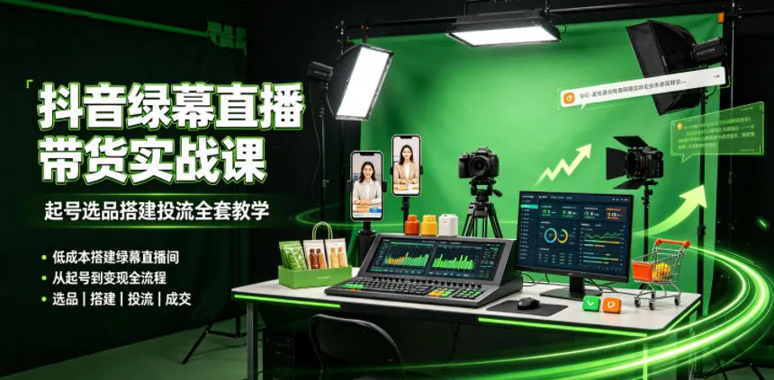 某社群抖音绿幕直播带货实战课，起号选品搭建投流全套教学，低成本搭建绿幕直播间_一起云网创