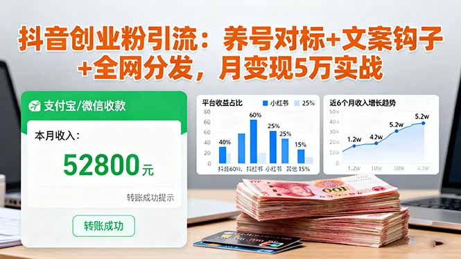 抖音创业粉引流：养号对标+文案钩子+全网分发，月变现5万实战_就是爱分享