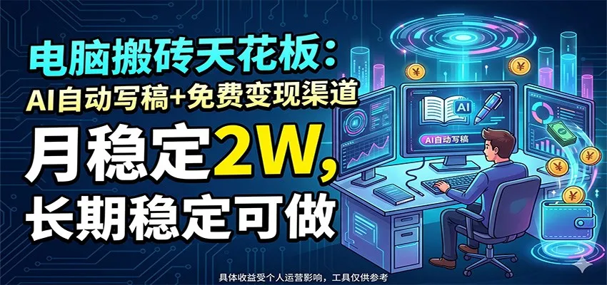 电脑搬砖天花板:AI自动写稿+免费变现渠道,月稳定2W,长期稳定可做_一起云网创
