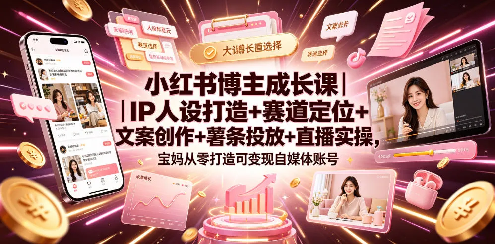 小红书博主成长课｜IP人设打造+赛道定位+文案创作+薯条投放+直播实操，宝妈从零打造可变现自媒体账号_一起云网创