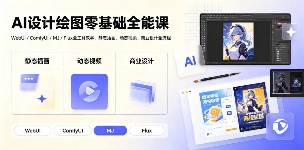 AI设计绘图零基础全能课｜WebUI/ComfyUI/MJ/Flux全工具教学，静态插画、动态视频、商业设计全流程_一起云网创