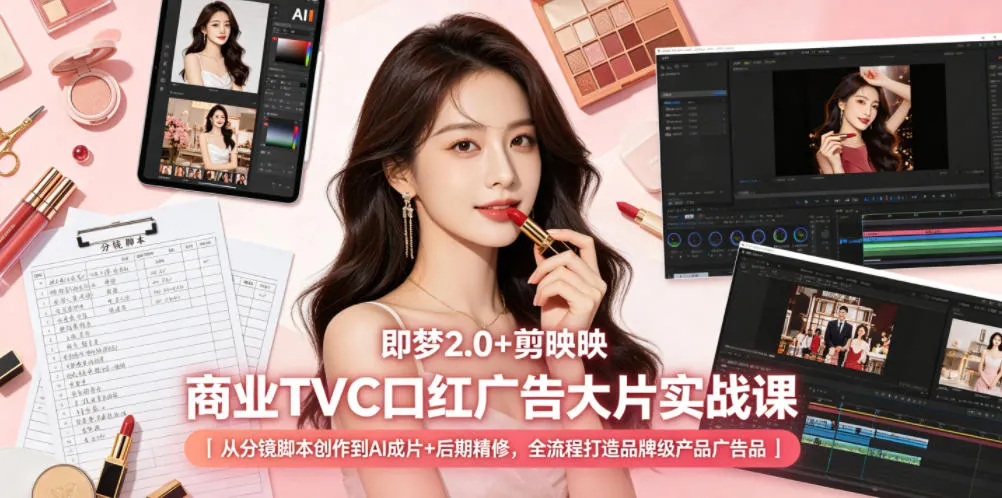 即梦2.0+剪映商业TVC口红广告大片实战课｜从分镜脚本创作到AI成片+后期精修，全流程打造品牌级产品广告_一起云网创