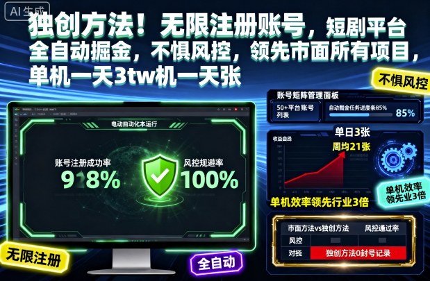 独创方法！无限注册账号，短剧平台全自动掘金，不惧风控，领先市面所有项目，单机一天3张【揭秘】_就是爱分享