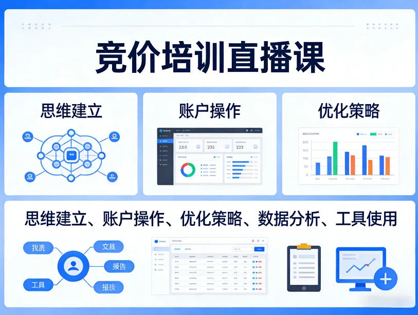 竞价培训直播课，覆盖思维建立、账户操作、优化策略、数据分析、工具使用等，全方位提升效果_就是爱分享