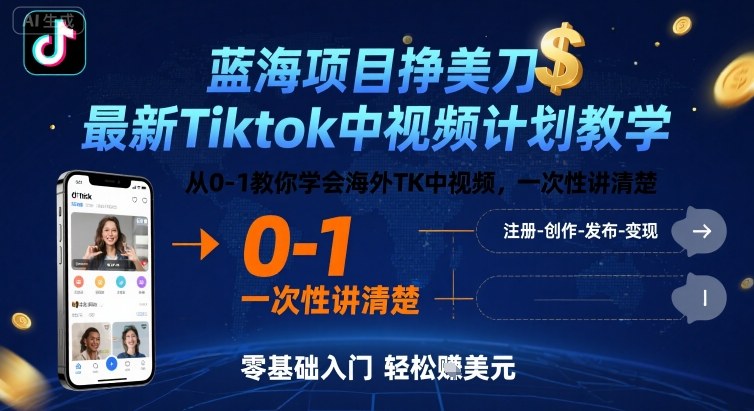 蓝海项目挣美刀，最新Tiktok中视频计划教学，从0-1教你学会海外TK中视频，一次性讲清楚_就是爱分享