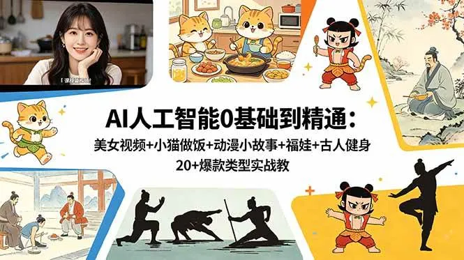 (18685期)AI人工智能0基础到精通:美女视频+小猫做饭+动漫小故事+福娃+古人健身,20+爆款类型实战教学_一起云网创