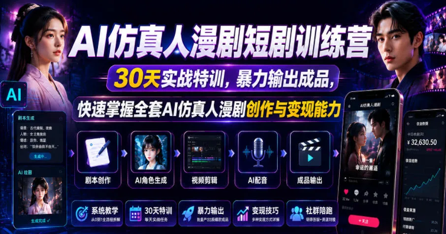 AI仿真人漫剧短剧训练营,30天实战特训,暴力输出成品,快速掌握全套AI仿真人漫剧创作与变现能力_一起云网创