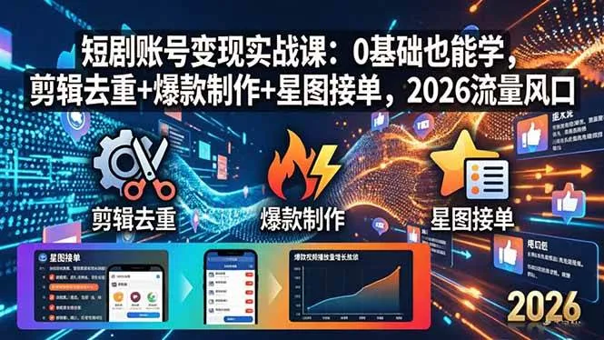 （18160期）短剧账号变现实战课：0基础也能学，剪辑去重+爆款制作+星图接单，2026流量风口_就是爱分享