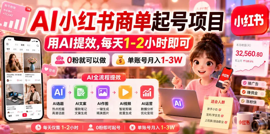 AI小红书商单起号项目,用AI提效,每天1-2小时即可,0粉就可以做,单账号月入1-3W_一起云网创