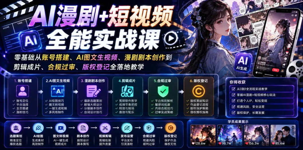 AI漫剧+短视频全能实战课｜零基础从账号搭建、AI图文生视频、漫剧剧本创作到剪辑成片、合规过审、版权登记全落地教学_一起云网创