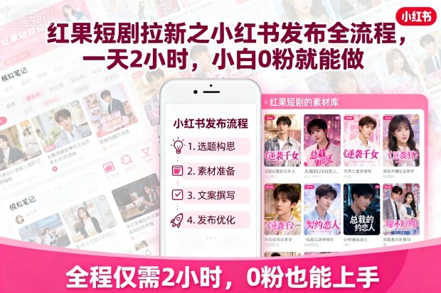 红果短剧拉新之小红书发布全流程，一天2小时，小白0粉就能做_就是爱分享