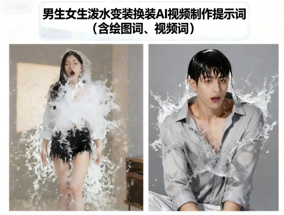 男生女生泼水变装换装AI视频制作提示词(含绘图词、视频词)_就是爱分享