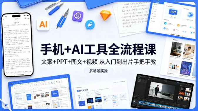 手机+AI工具全流程课，文案+PPT+图文+视频，从入门到出片手把手教，多场景实操_就是爱分享