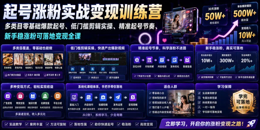 苗子起号涨粉实战变现训练营，多类目零基础爆款起号、精准起号节奏、新手稳涨粉可落地变现全课_一起云网创