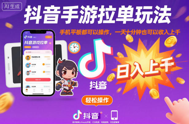 抖音手游拉单玩法，手机平板都可以操作，一天十分钟也可以收入上K【揭秘】_就是爱分享