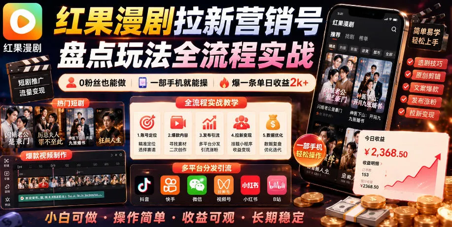 红果漫剧拉新营销号盘点玩法全流程实战，0粉丝也能做，一部手机就能做，爆一条单日收益2k+（更新0628）_一起云网创