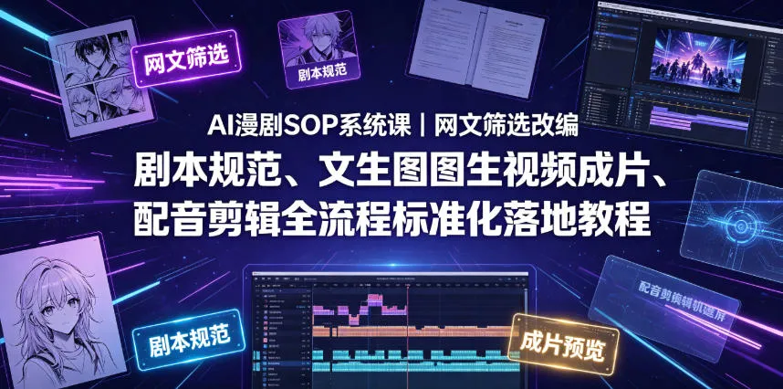AI漫剧SOP系统课|网文筛选改编、剧本规范、文生图图生视频成片、配音剪辑全流程标准化落地教程_一起云网创