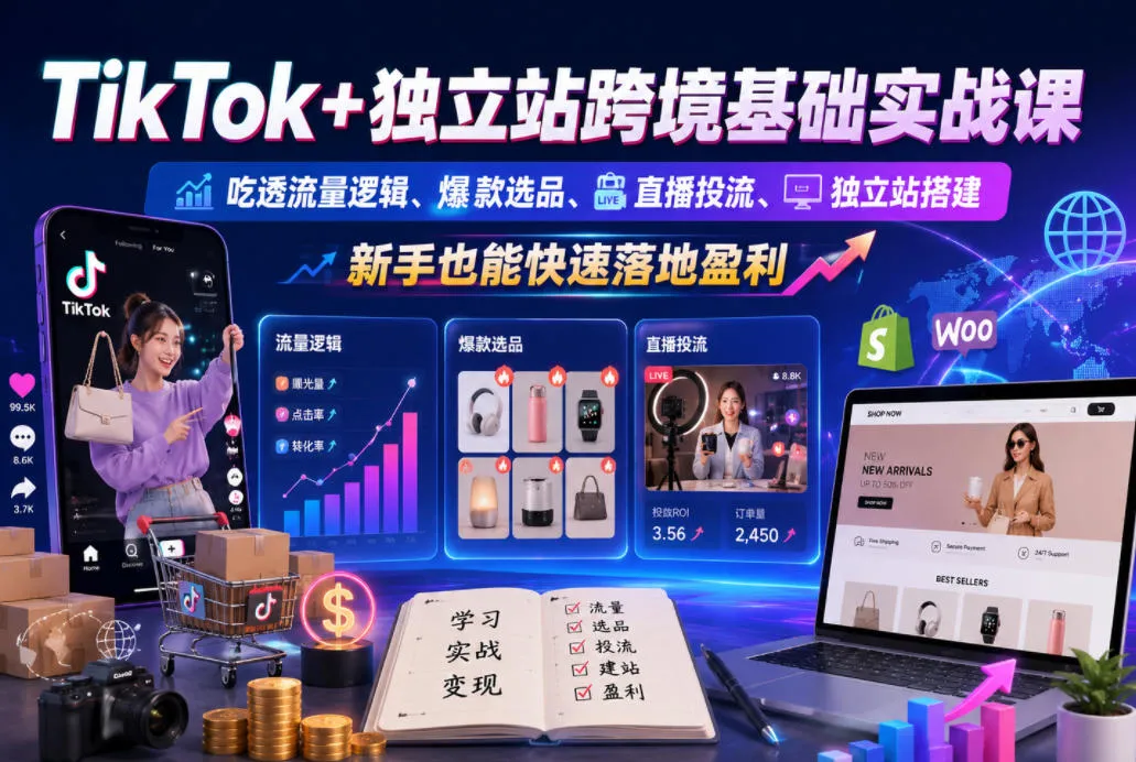 TikTok+独立站跨境基础实战课，吃透流量逻辑、爆款选品、直播投流与独立站搭建，新手也能快速落地盈利_一起云网创