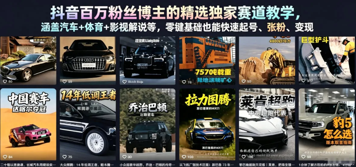 抖音百万粉丝博主的精选独家赛道教学,涵盖汽车+体育+影视解说等,零基础也能快速起号、涨粉、变现_一起云网创